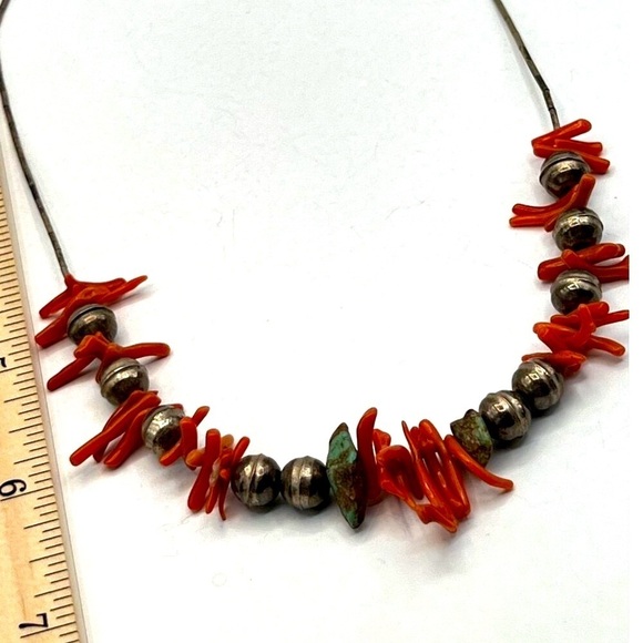 Vintage Orange Coral & Silver Bead Necklace With Turquoise Accents - Picture 7 of 7